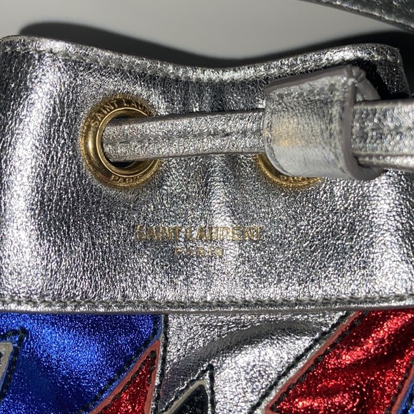 SAINT LAURENT BUCKET BAG PURSE New YSL Yves SILVER RED BLUE LEATHER CROSSBODY - Picture 5 of 11